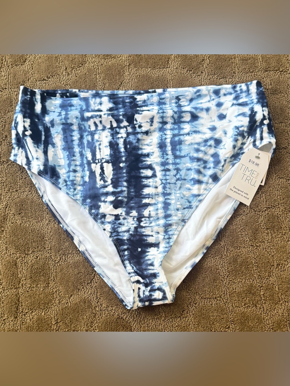 Time & Tru Blue Tie-Dye High-Waist Bikini Bottoms NEW
